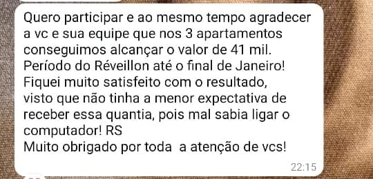Mensagem de membro da mentoria: R$ 41 mil em 3 apartamentos do Réveillon ao fim de janeiro