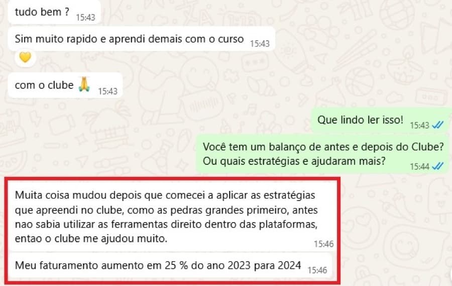 Mensagem: faturamento aumentou 25% de 2023 para 2024 aplicando as estratégias do Clube