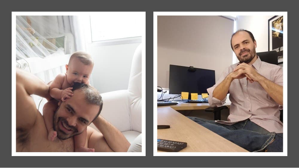 Márcio com o filho no colo e no escritório de casa