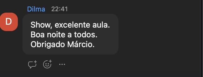 Mensagem no chat do Zoom: “Show, excelente aula. Obrigado Márcio”