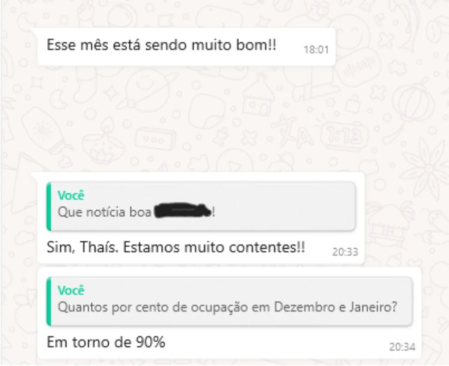 WhatsApp: quantos por cento de ocupação em dezembro e janeiro? Em torno de 90%