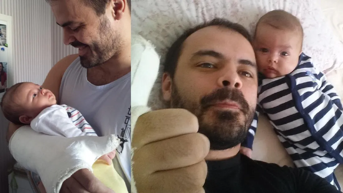 Márcio com o filho recém-nascido e o braço engessado